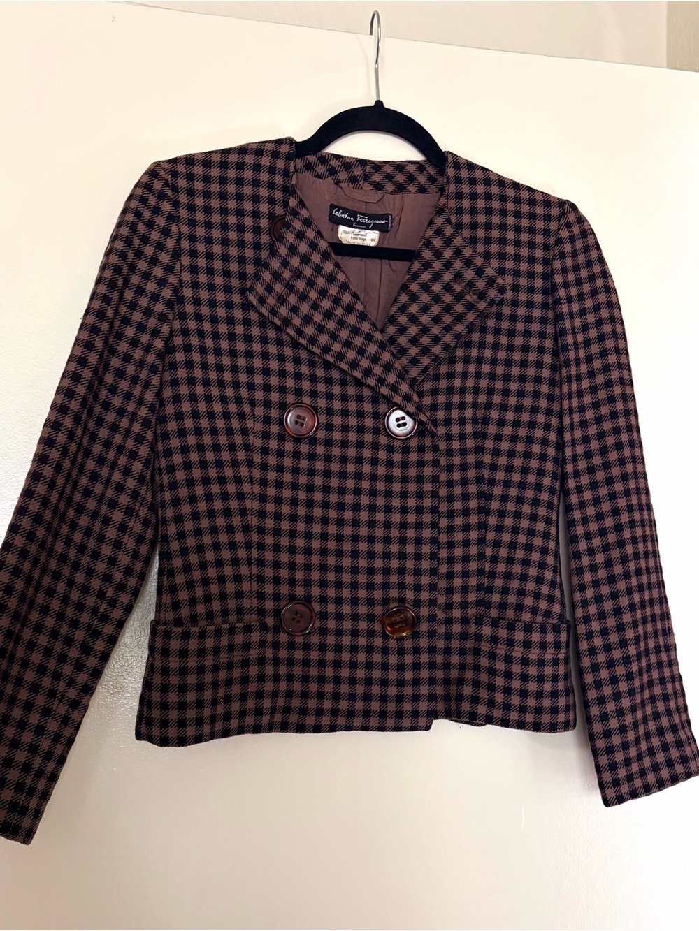 Vintage Salvatore Ferragamo Brown and Black Double Breasted Wool Jacket - Size 4